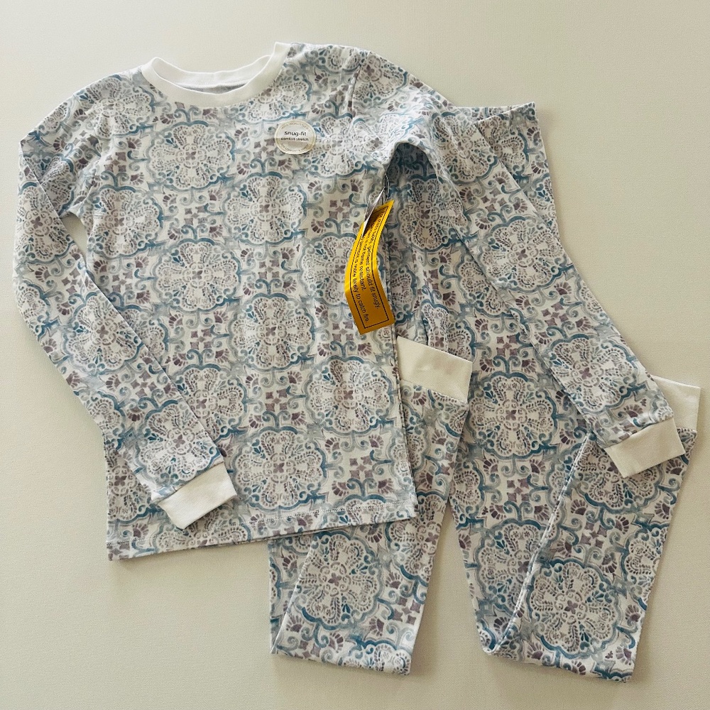Burt’s Bees Kids Girls 10 Blue White Floral Pajama Set Organic Cotton NWT